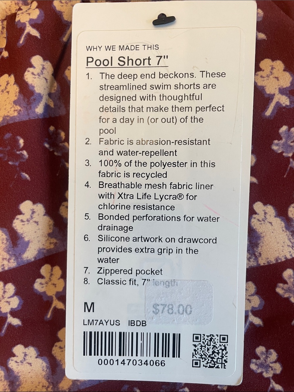 lululemon NWT athletica Men's Burgundy Patterned Athletic Shorts - Picture 5 of 7